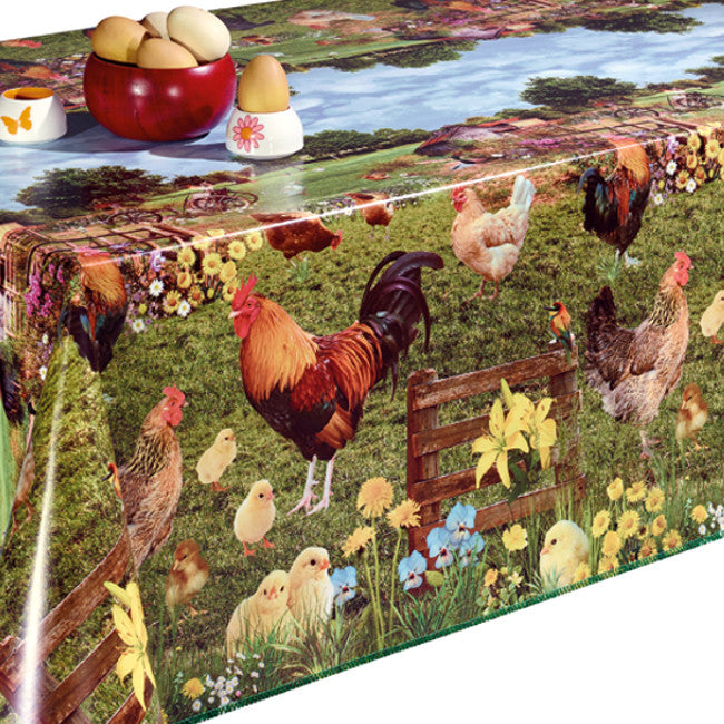 Voksdug med høns og kyllinger, 140 cm bred