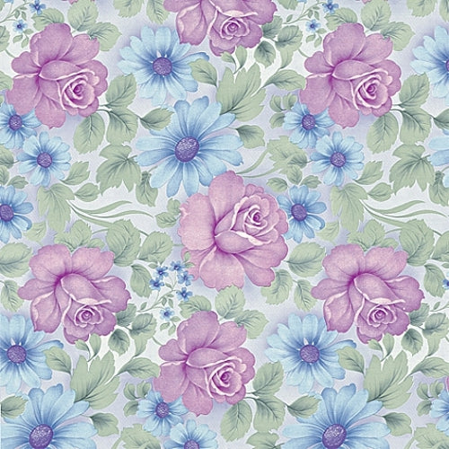 Voksdug med flotte blomster i rosa og blåviolette farver