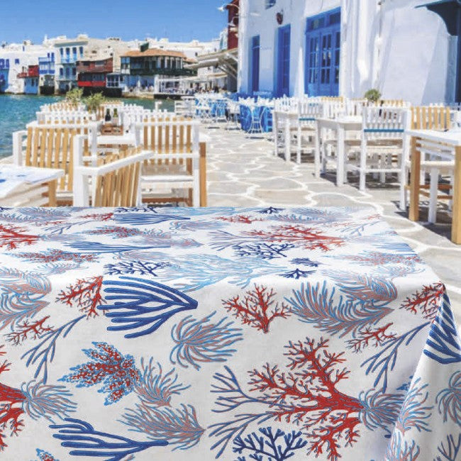 Koraleventyr - farverig voksdug i blå- og rødlige nuancer