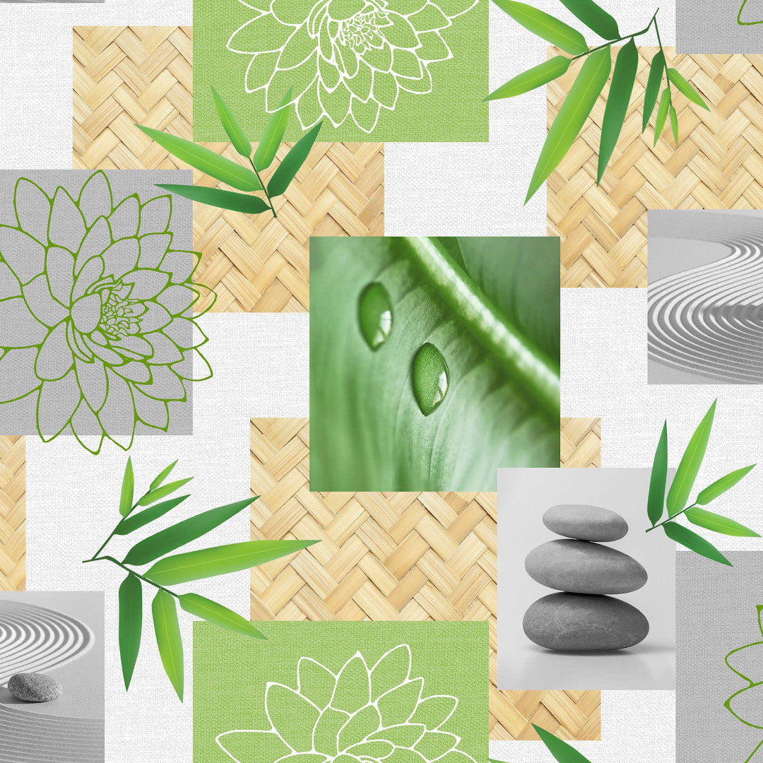 Almeria - Rund voksdug med grønne zen-motiver, Ø 155 cm, mønster