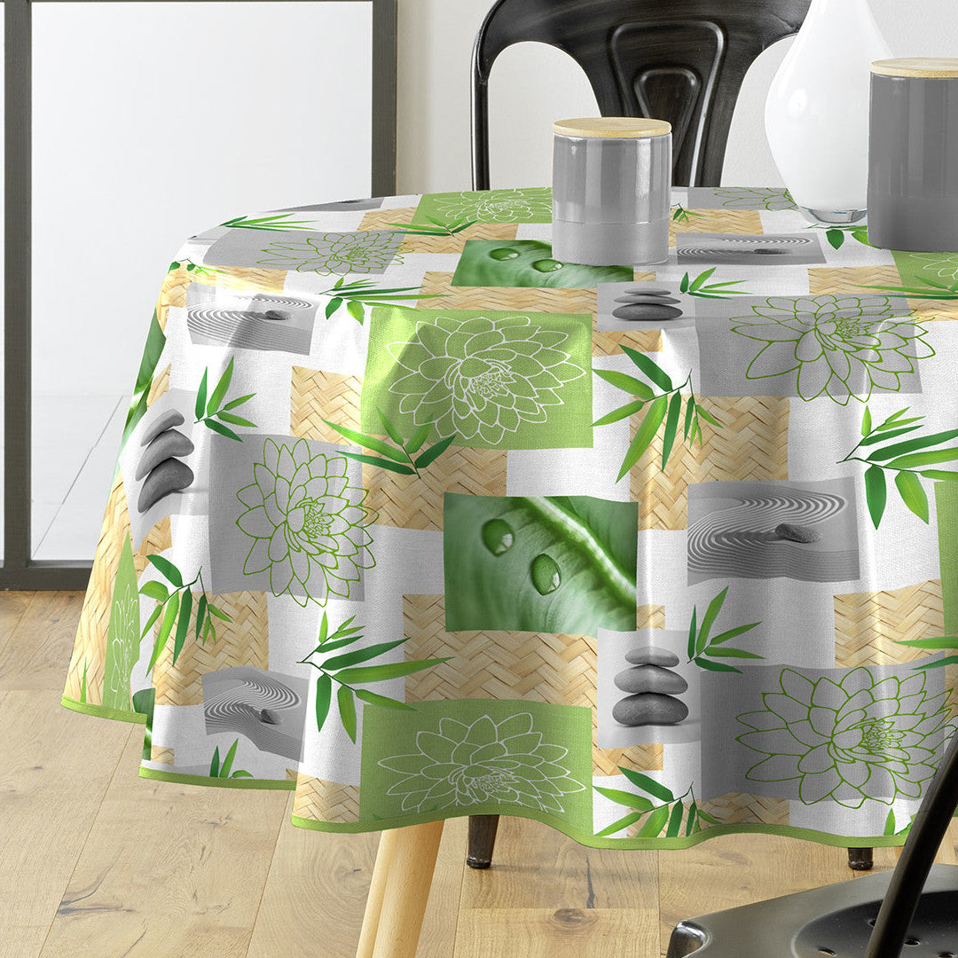 Almeria - Rund voksdug med grønne zen-motiver, Ø 155 cm