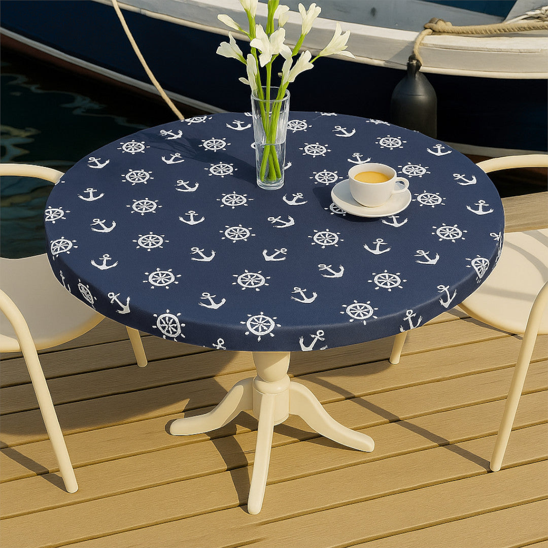 Ancora Maritim – Akryldug i mørkeblå med ankre og skibsrorsmønster