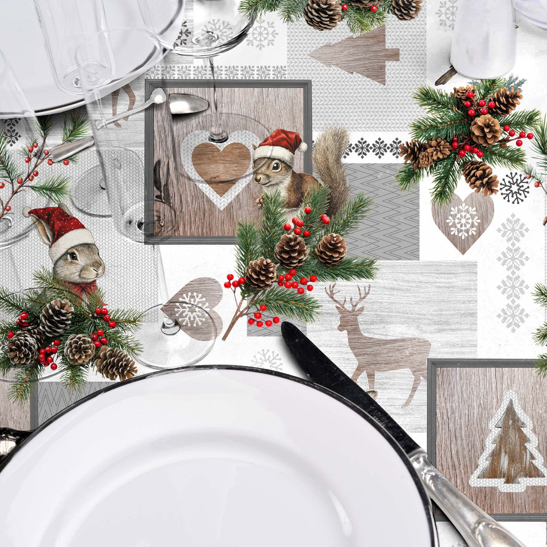 Ansel – Julevoksdug med rensdyr og kanin i vinterlandskab, nærbillede