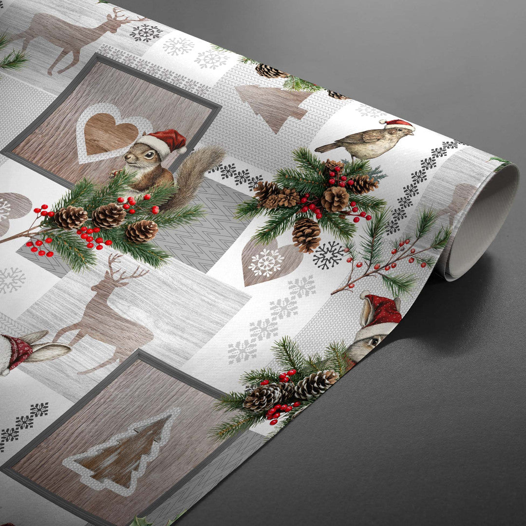 Ansel – Julevoksdug med rensdyr og kanin i vinterlandskab, rullet
