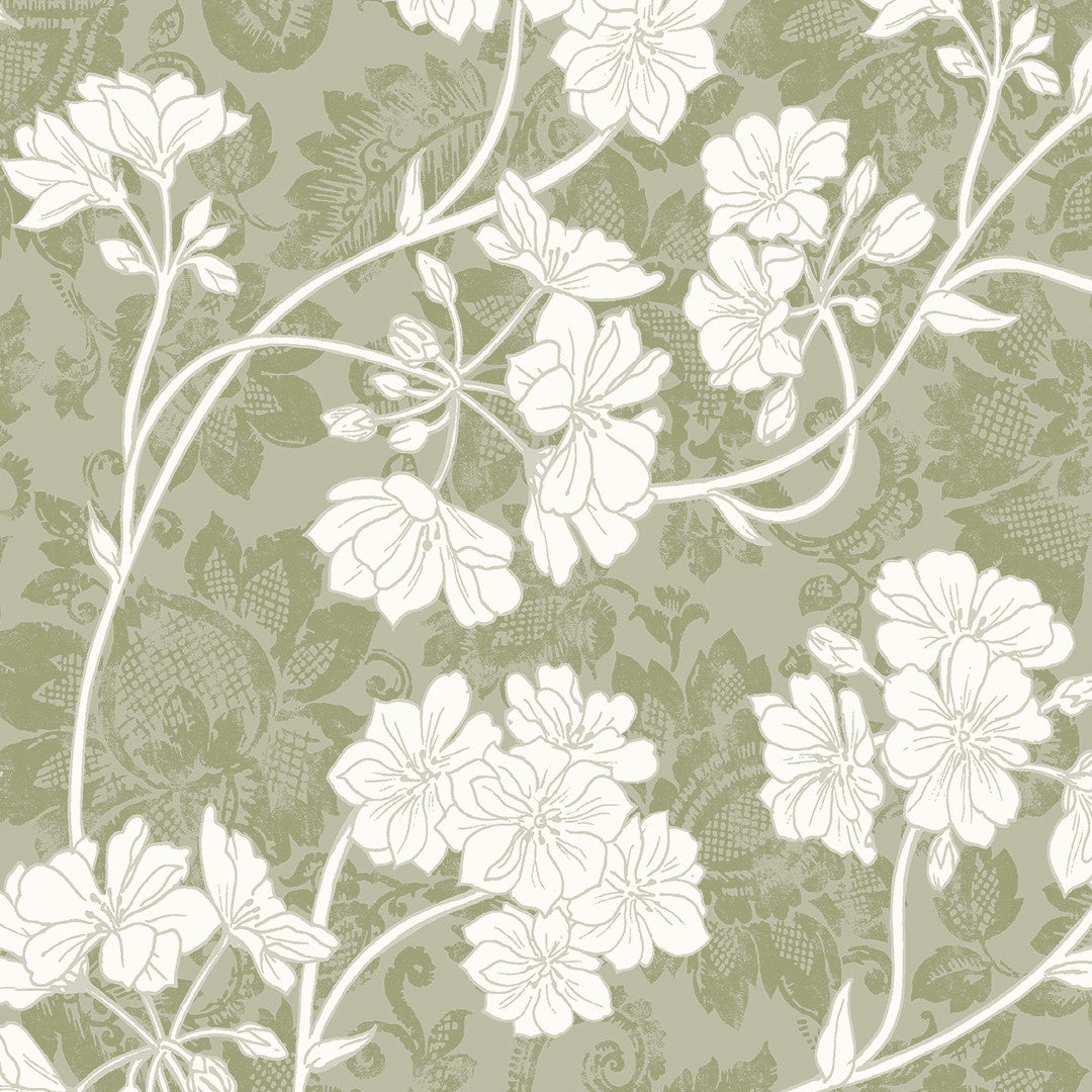 Botanic Green – Let præget voksdug med blomster, nærbillede