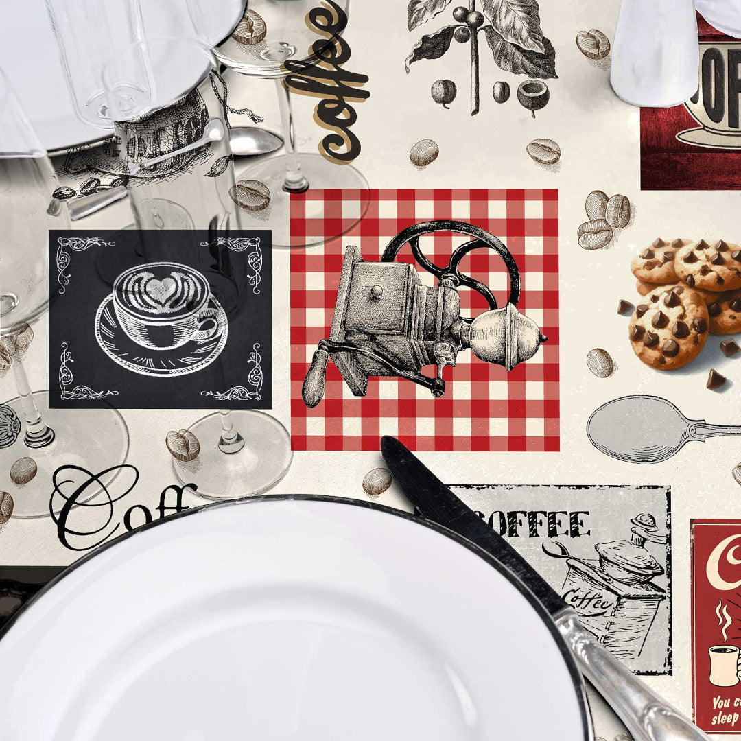 Café – Voksdug med kaffetema, perfekt til caféer og kaffehygge, nærbillede