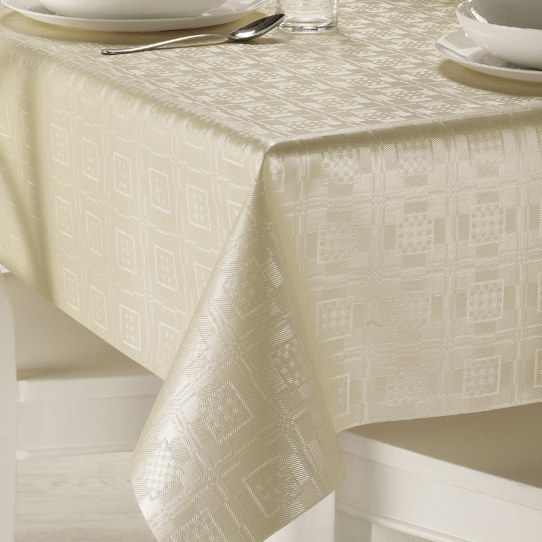 Champagne Damask - Elegant voksdug med klassisk damaskmønster i champagnefarve, hjørne