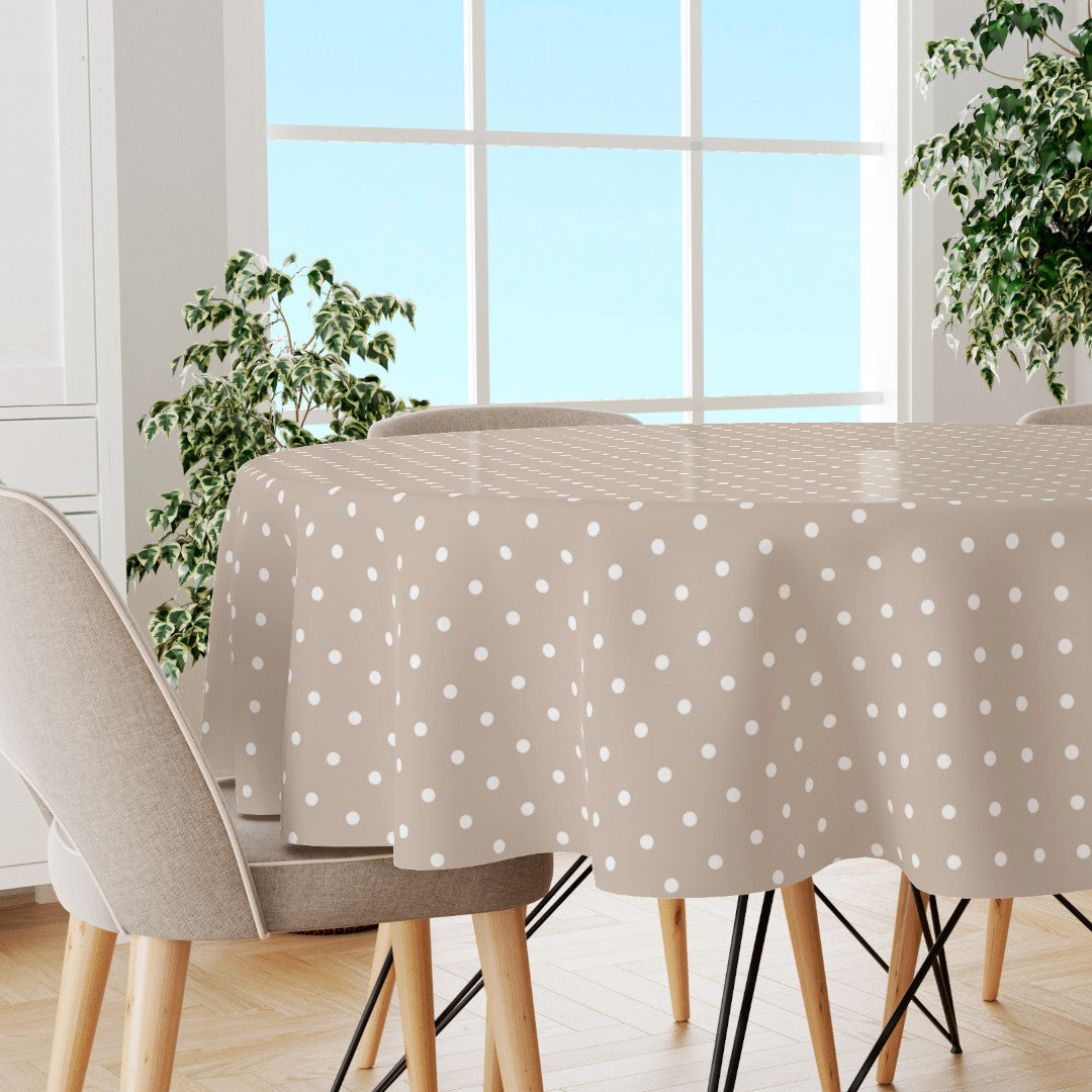 Classic Dot Beige - Rund voksdug med hvide prikker