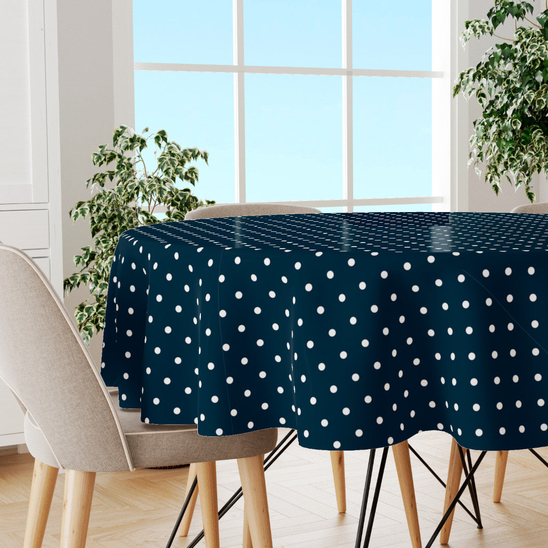 Classic Dot Blå - Rund Voksdug med hvide prikker