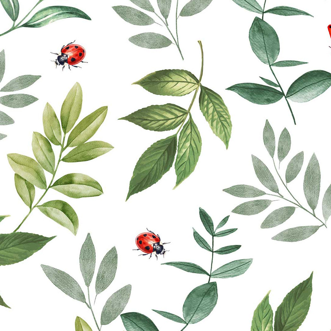 Coccinelle - Voksdug med grønne blade og mariehøns i akvarelstil