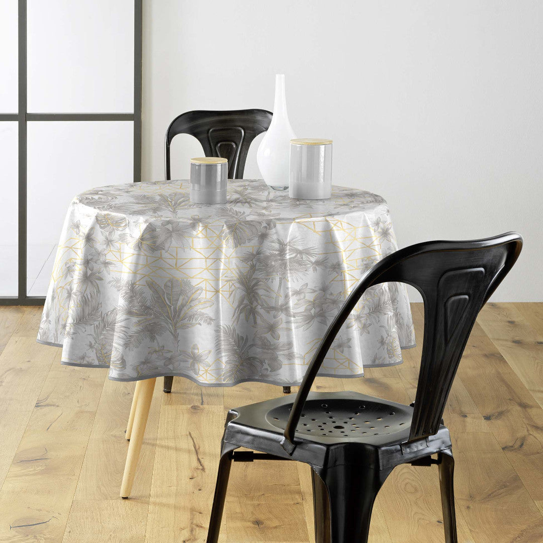 Coconut Metallic - Rund voksdug i grå med gulddetaljer, Ø 155 cm, miljø