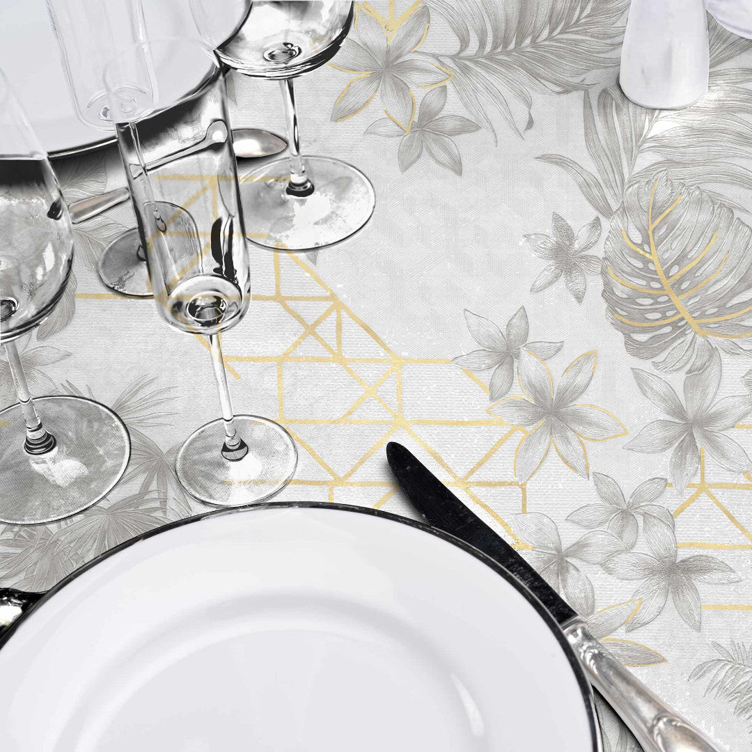 Coconut Metallic - Rund voksdug i grå med gulddetaljer, Ø 155 cm, nærbillede