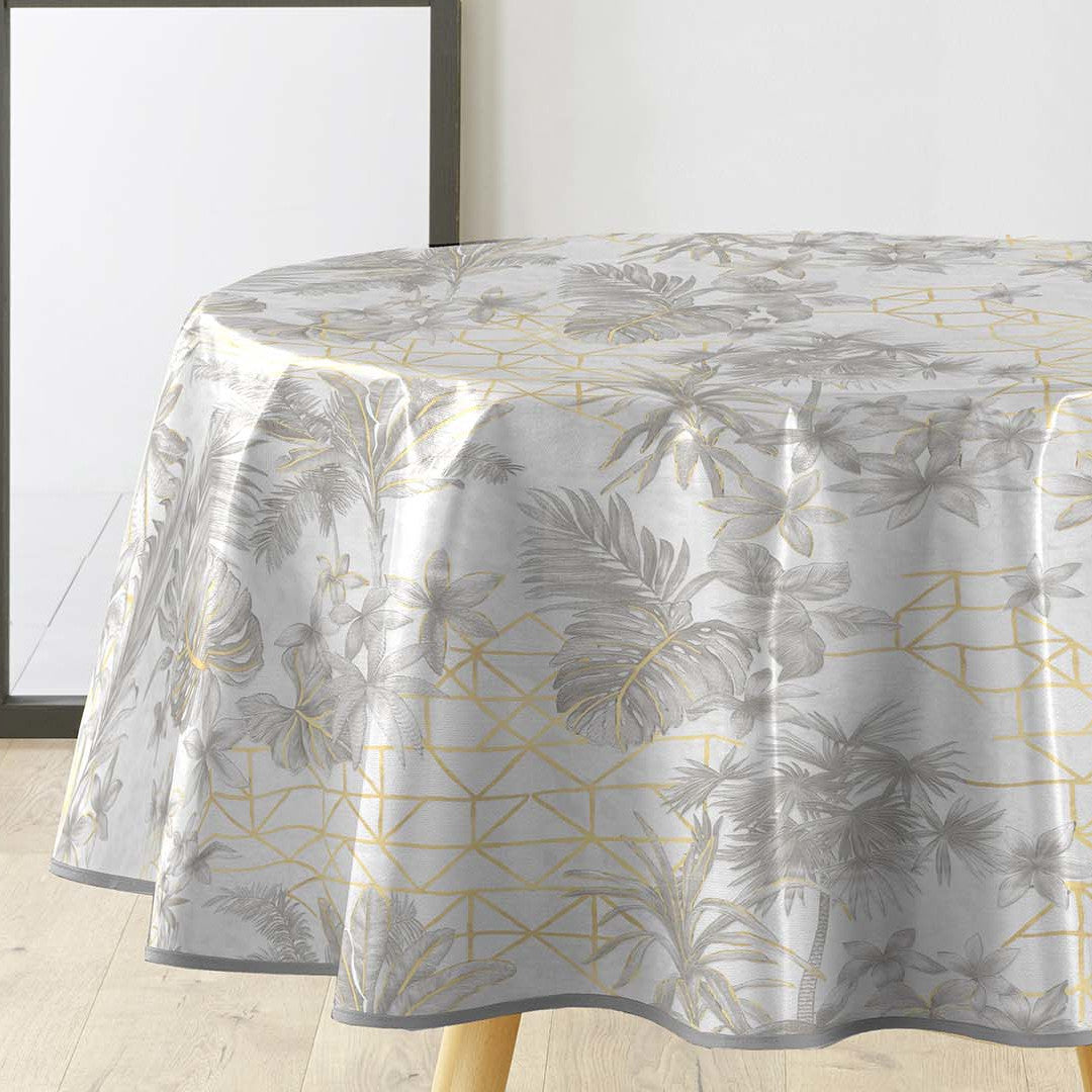 Coconut Metallic - Rund voksdug i grå med gulddetaljer, Ø 155 cm