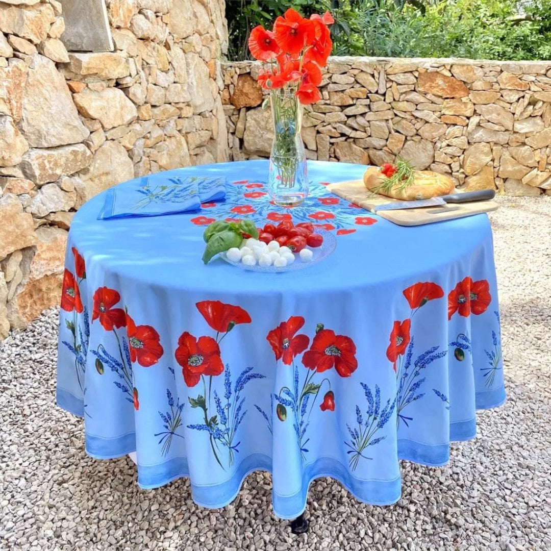 Coquelicot Lavande Blå - Rund akrylbelagt provencedug Ø 180 cm