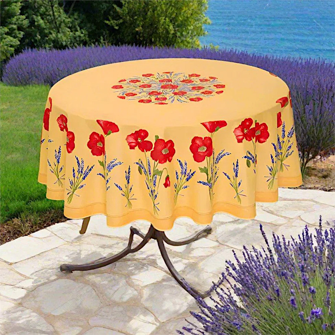 Coquelicot Lavande Gul - Rund akrylbelagt provencedug Ø 180 cm