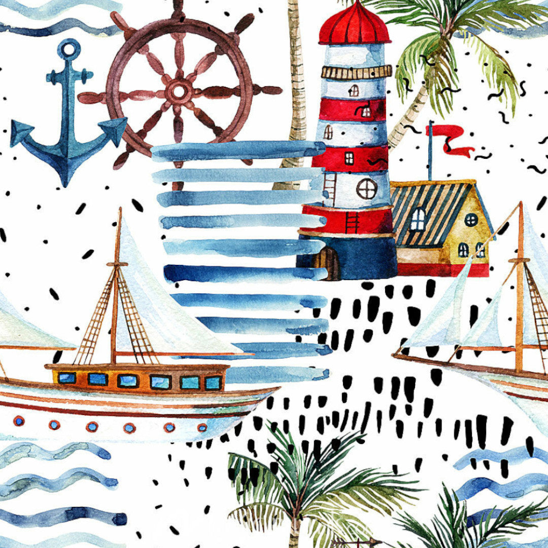 Faro Kystmotiv – Akryldug med trykt maritimt mønster, nærbillede
