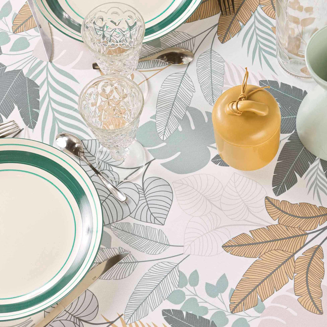 Fidji Ø 180 cm, rund dug med botanisk mønster i dæmpede toner, nærbillede