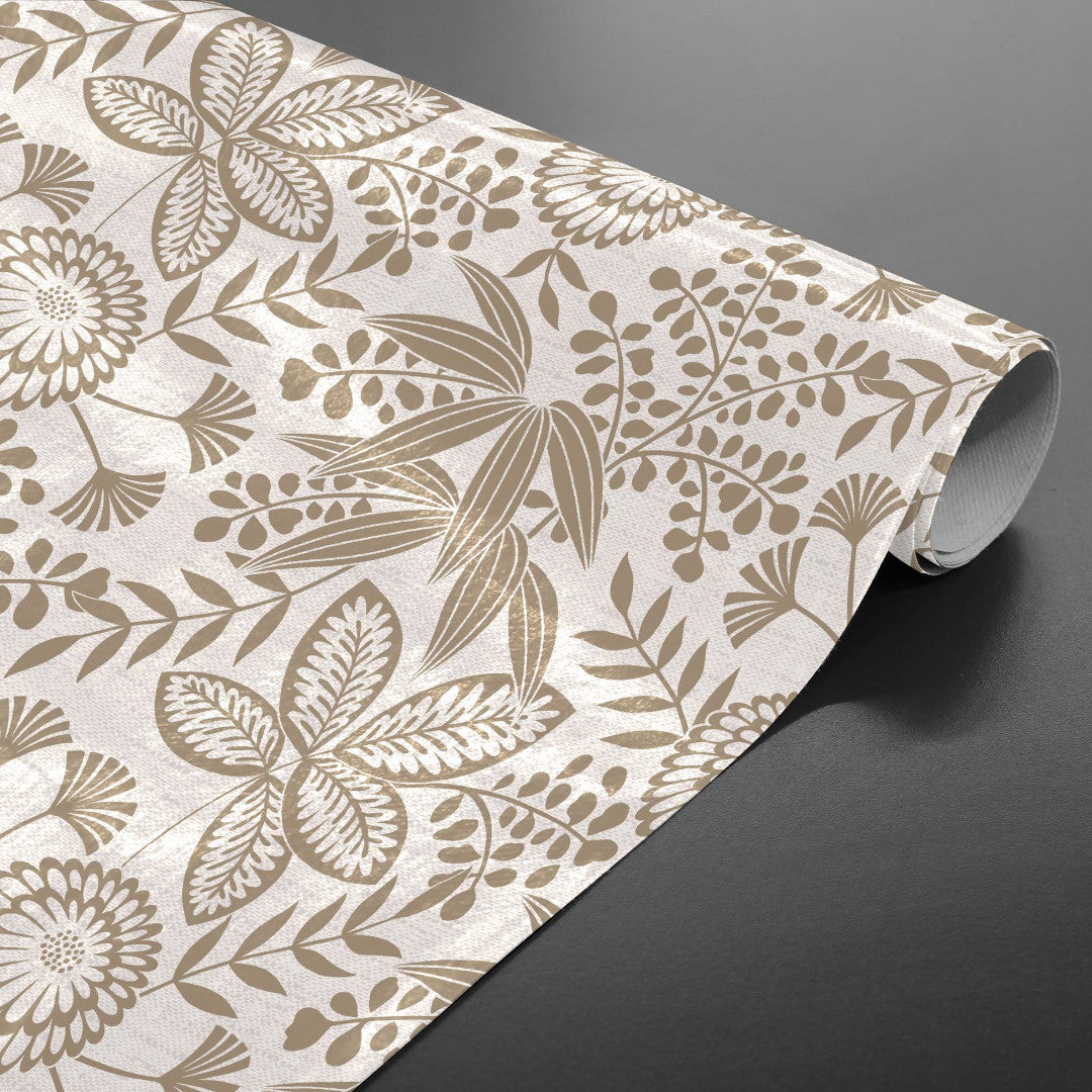 Fleuria Beige - Voksdug med botanisk mønster i varm beige, oprullet