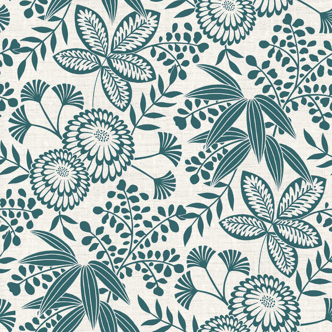 Fleuria Emerald Green - Voksdug med botanisk mønster i støvet blågrøn, mønster