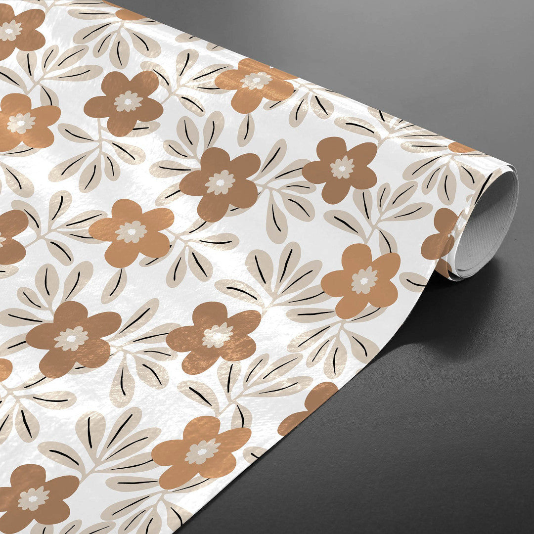 Flory Ochre - Voksdug med blomster i varme okkernuancer, rullet