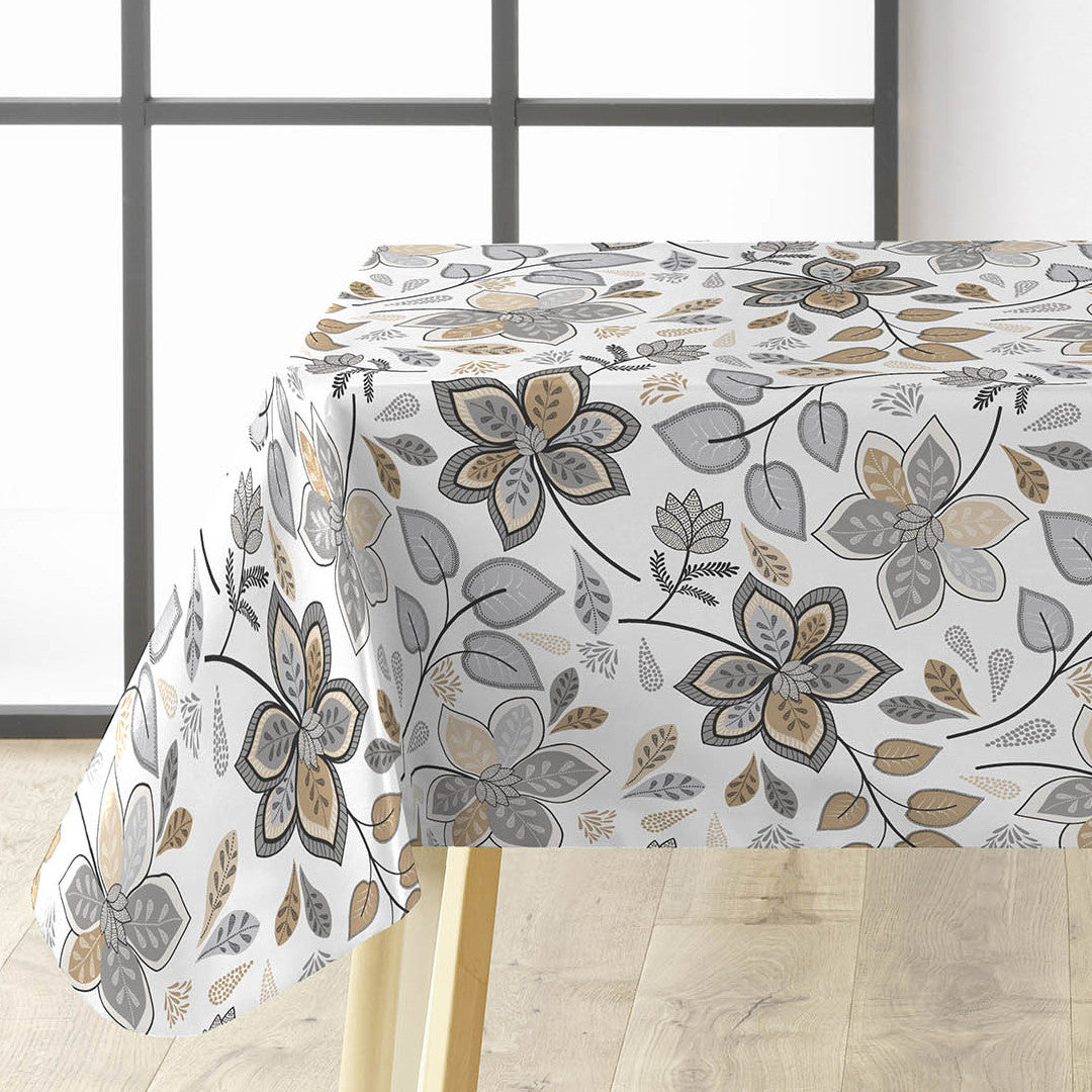 Gloriette - Voksdug med blomster i varme grå og sandfarver, hjørne