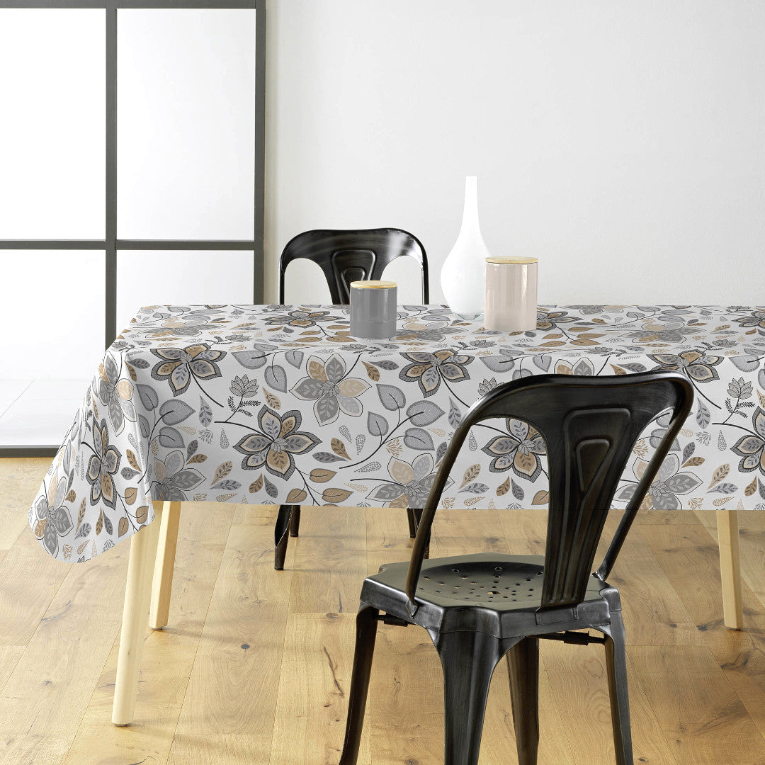 Gloriette - Voksdug med blomster i varme grå og sandfarver, miljø