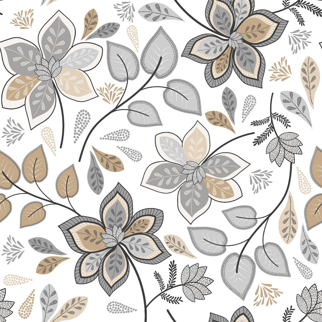 Gloriette - Voksdug med blomster i varme grå og sandfarver, mønster