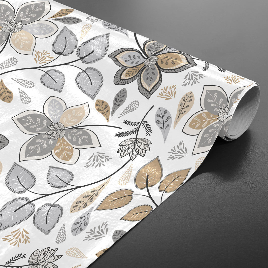 Gloriette - Voksdug med blomster i varme grå og sandfarver, rullet