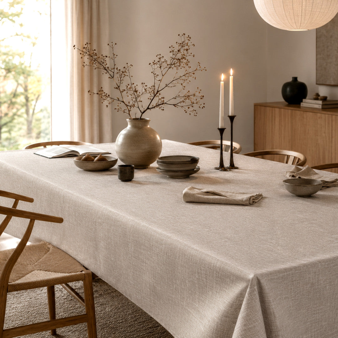 Groblad Beige – Ekstra bred voksdug i hørlook 180 cm, stuemiljø