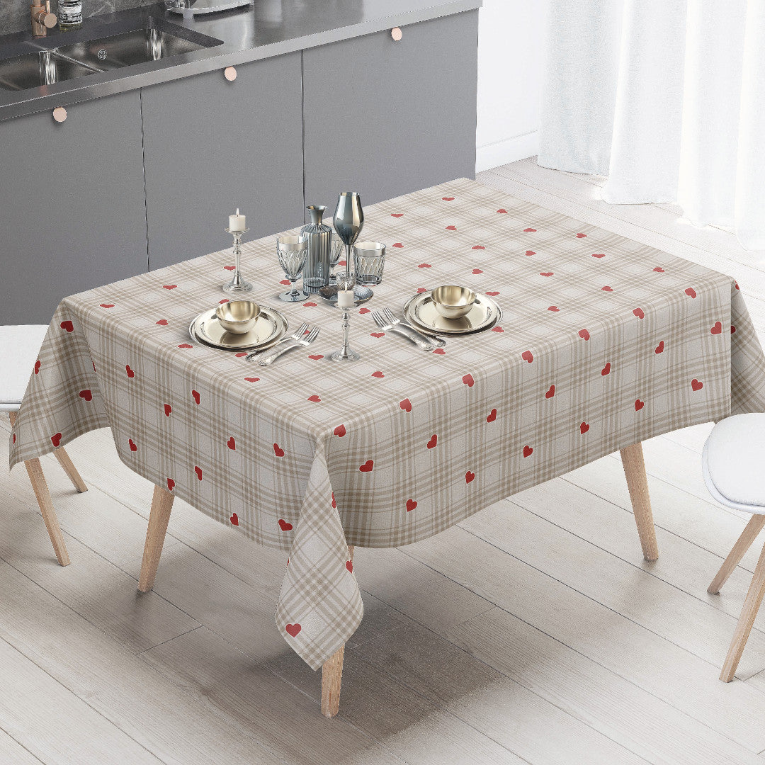 Hjertetern – Beige voksdug med tern og røde hjerter, miljø