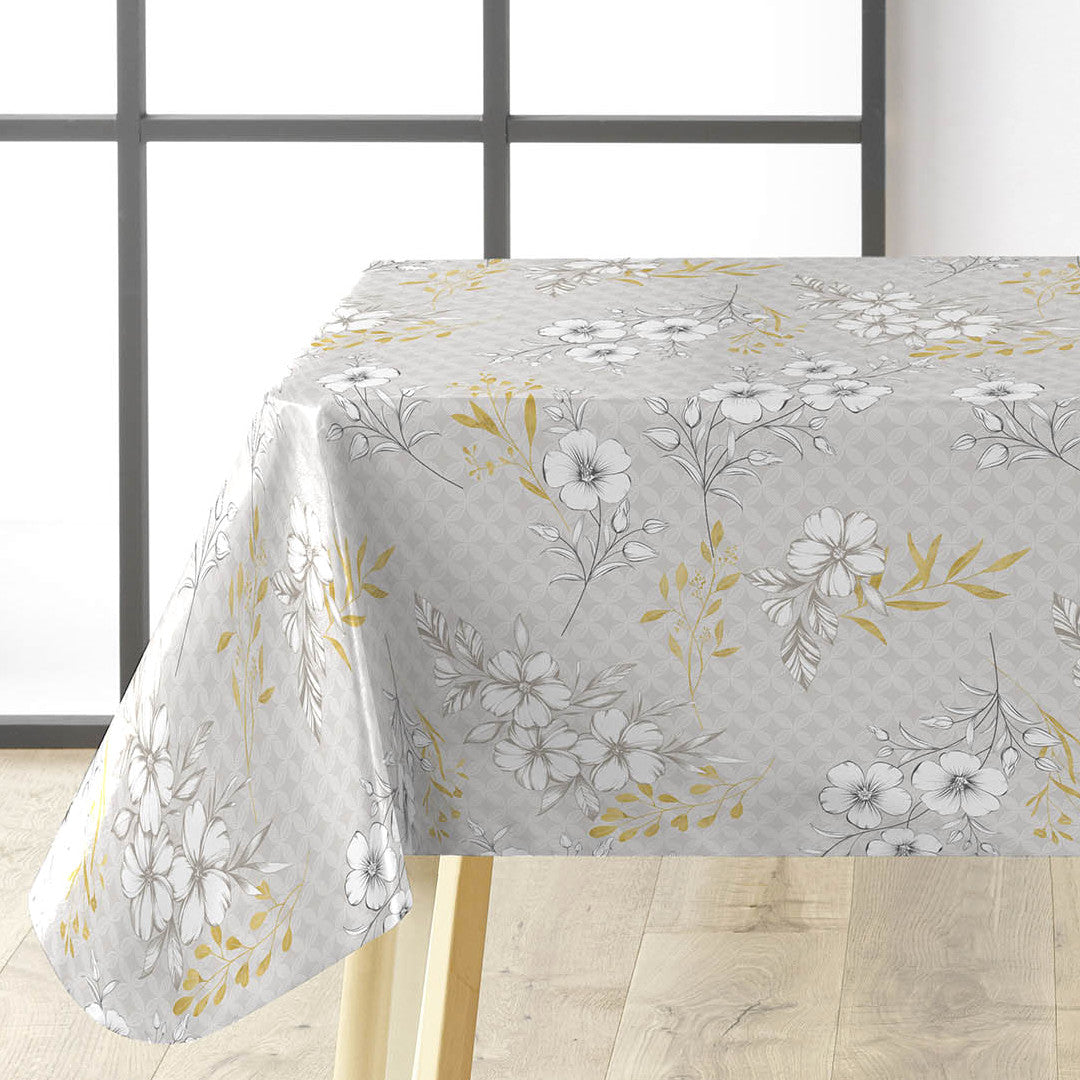 Hortense - Voksdug med floralt mønster i gyldne og neutrale toner, hjørne