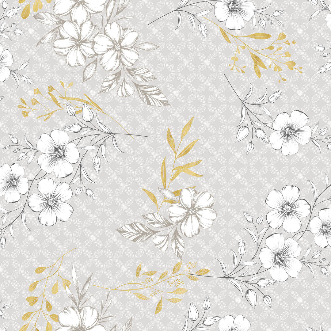 Hortense - Voksdug med floralt mønster i gyldne og neutrale toner, mønster 2