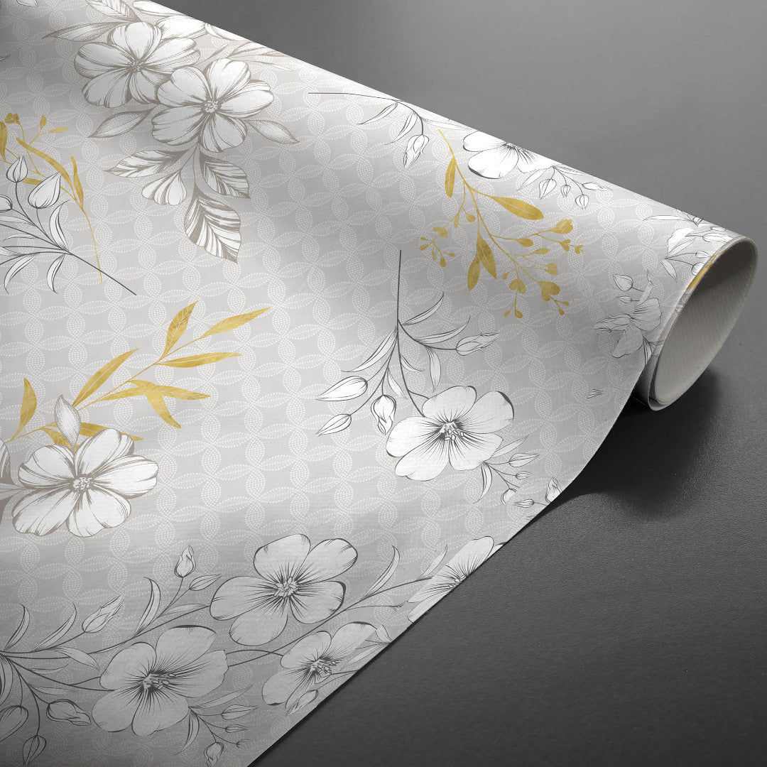 Hortense - Voksdug med floralt mønster i gyldne og neutrale toner, rullet