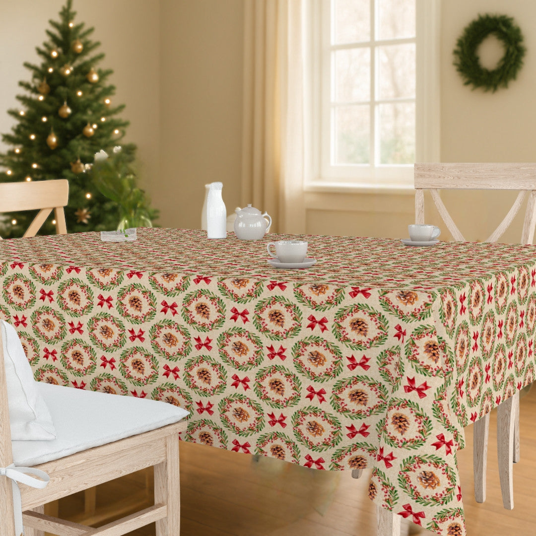 Julekrans – Juleakryldug med kogler, røde bånd og hørlook, miljø