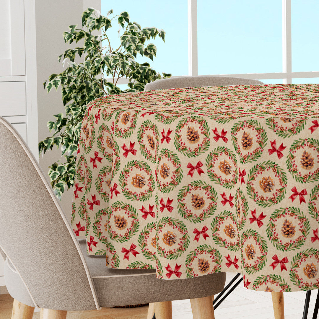 Julekrans – Rund juleakryldug med kogler, røde bånd og hørlook