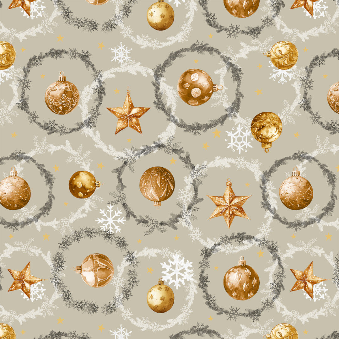 Julekugler & Kranse – Beige julevoksdug, mønster