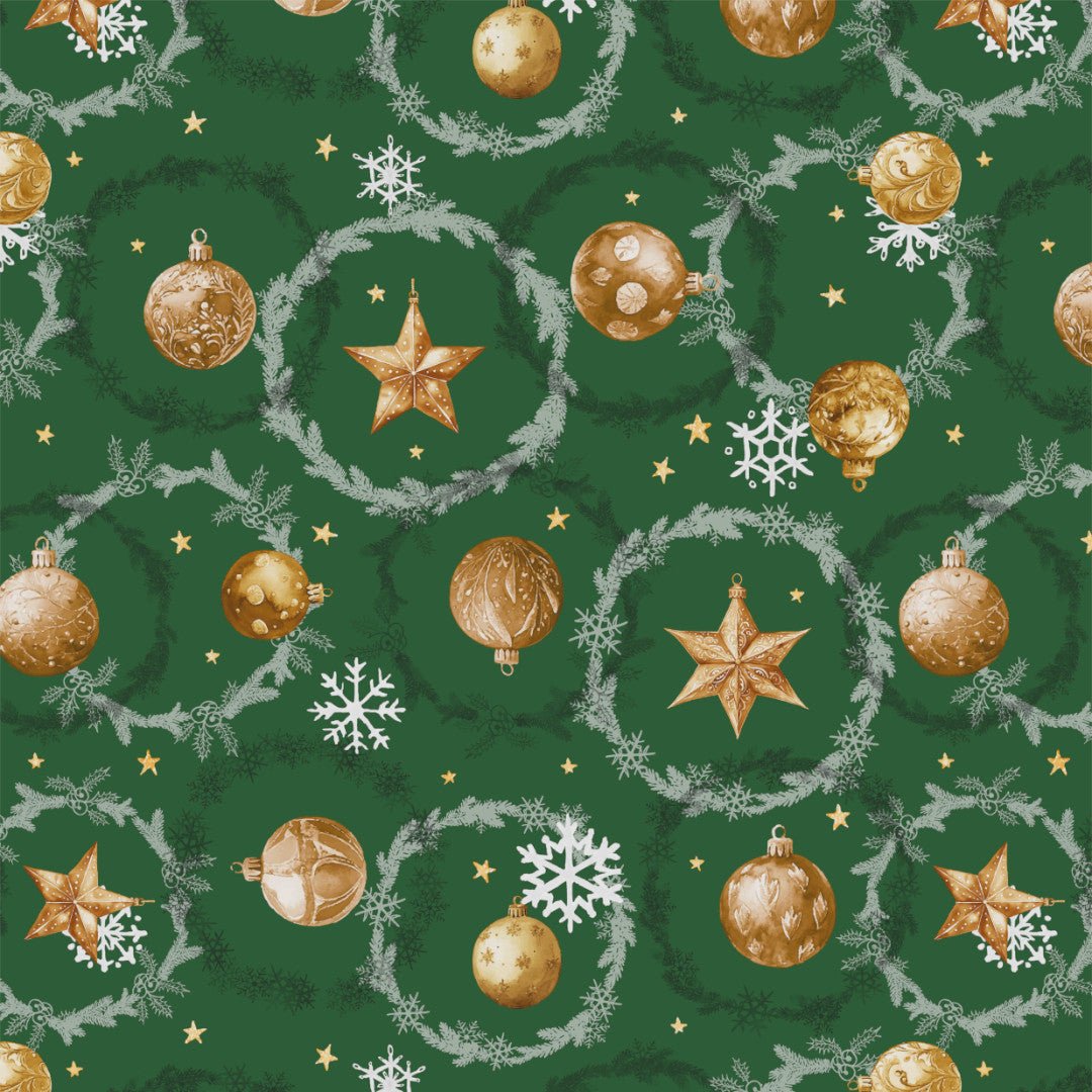 Julekugler & Kranse – Grøn julevoksdug, mønster