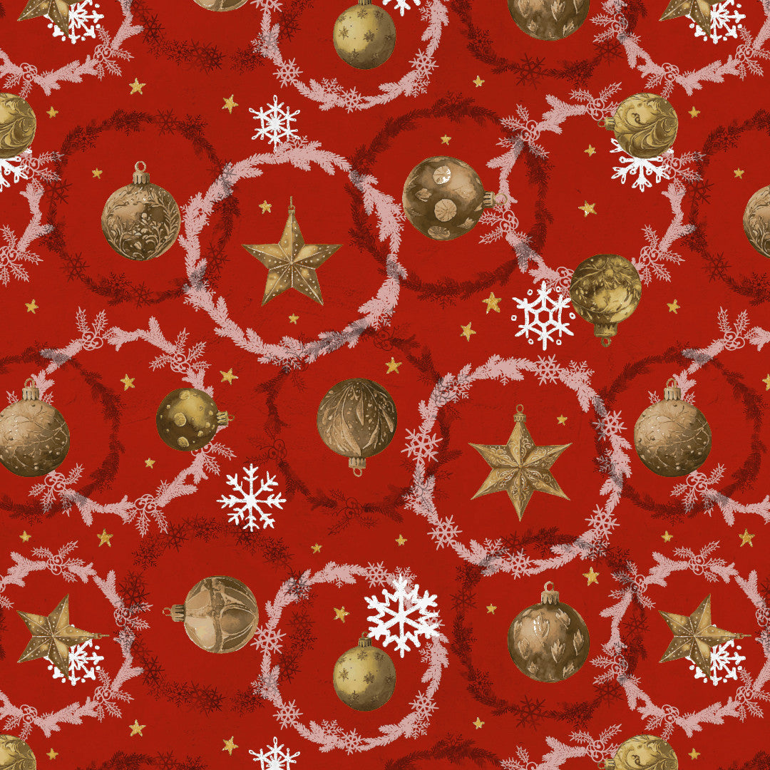 Julekugler & Kranse – Rød julevoksdug, mønster