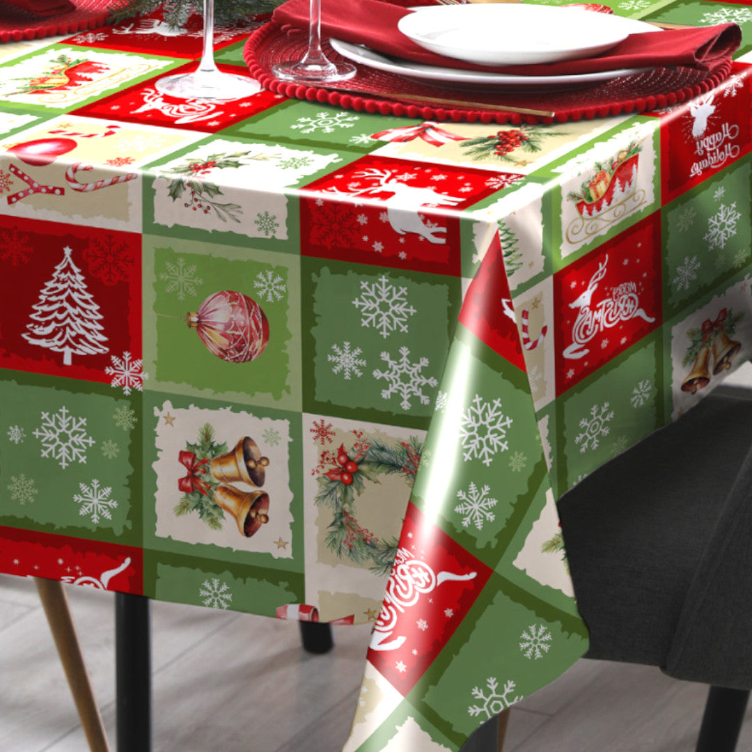 Julevoksdug – Rød & Grøn Patchwork med Klassiske Motiver, hjørne
