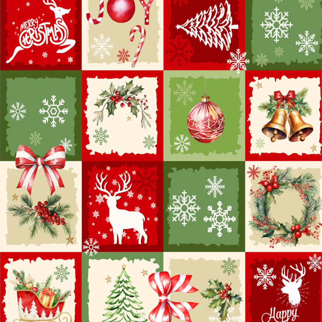 Julevoksdug – Rød & Grøn Patchwork med Klassiske Motiver, mønster
