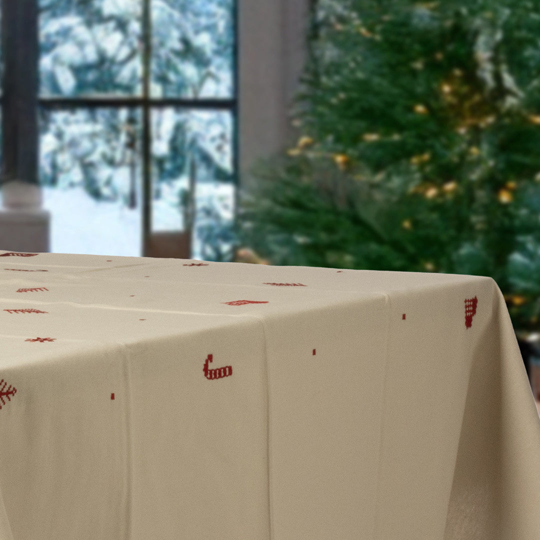 Julia Rød - Broderet juledug, 100% bomuld - 140 x 220 cm, bordende