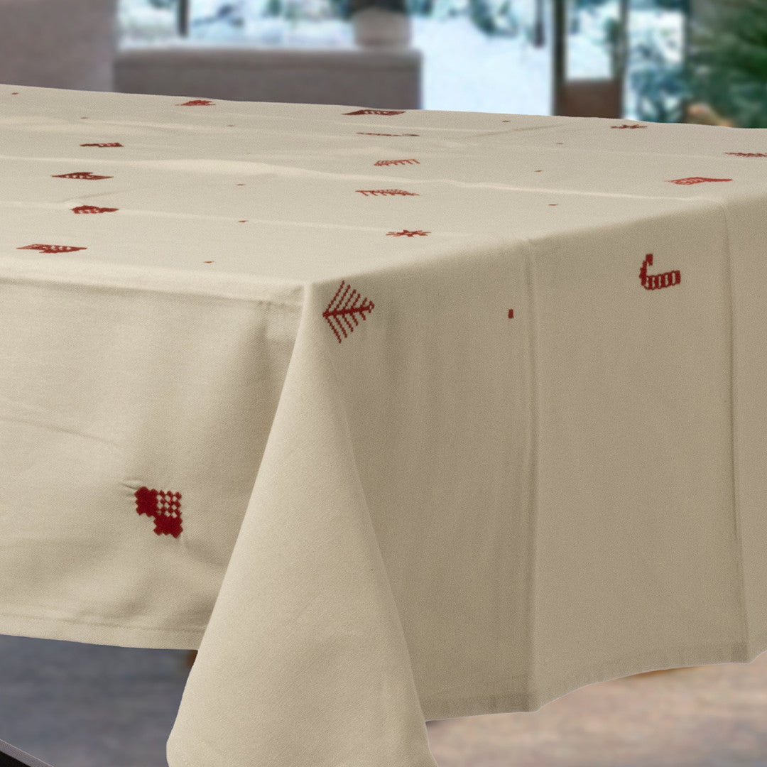 Julia Rød - Broderet juledug, 100% bomuld - 140 x 220 cm, hjørne