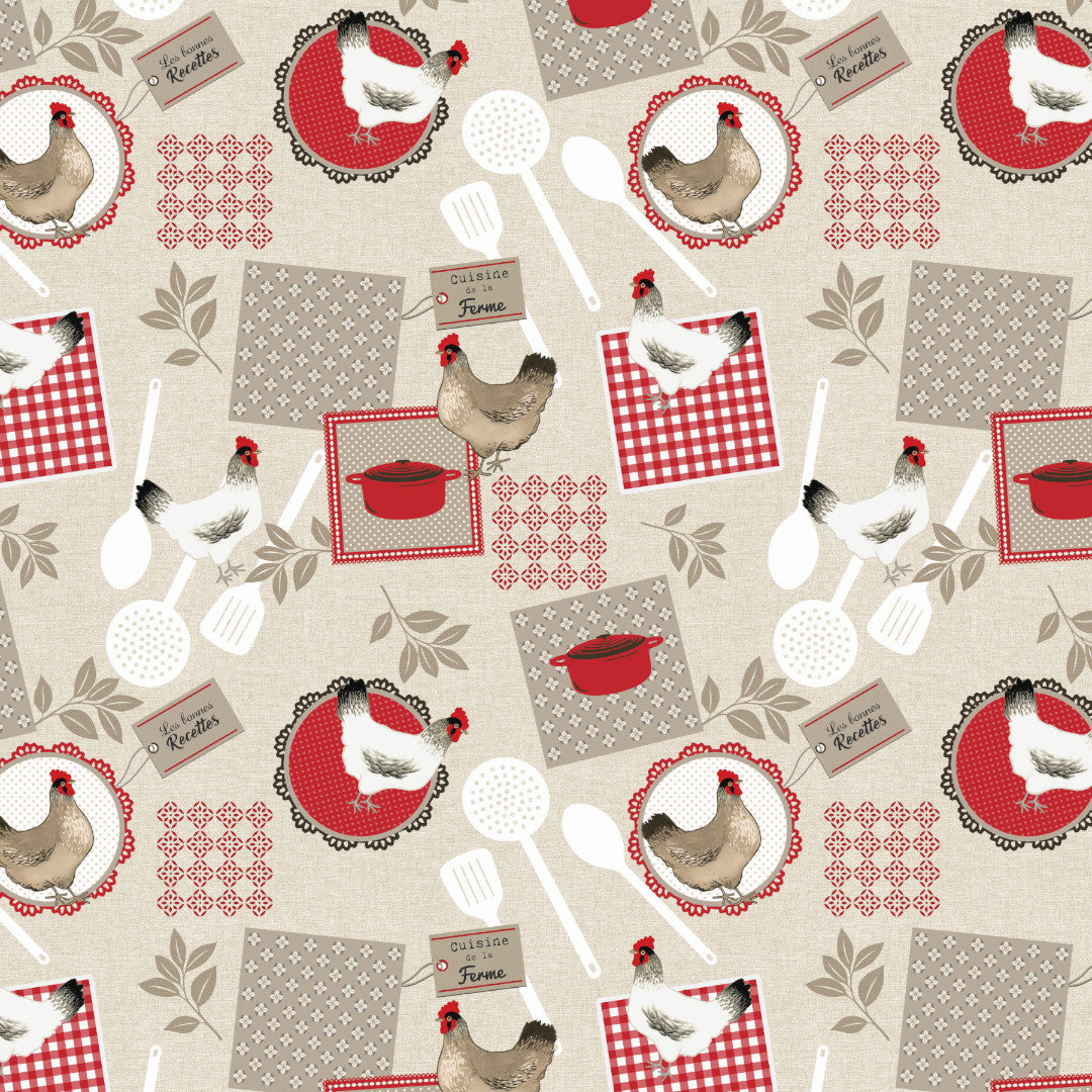Landkøkken – Voksdug med høns og køkkenmotiv, mønster