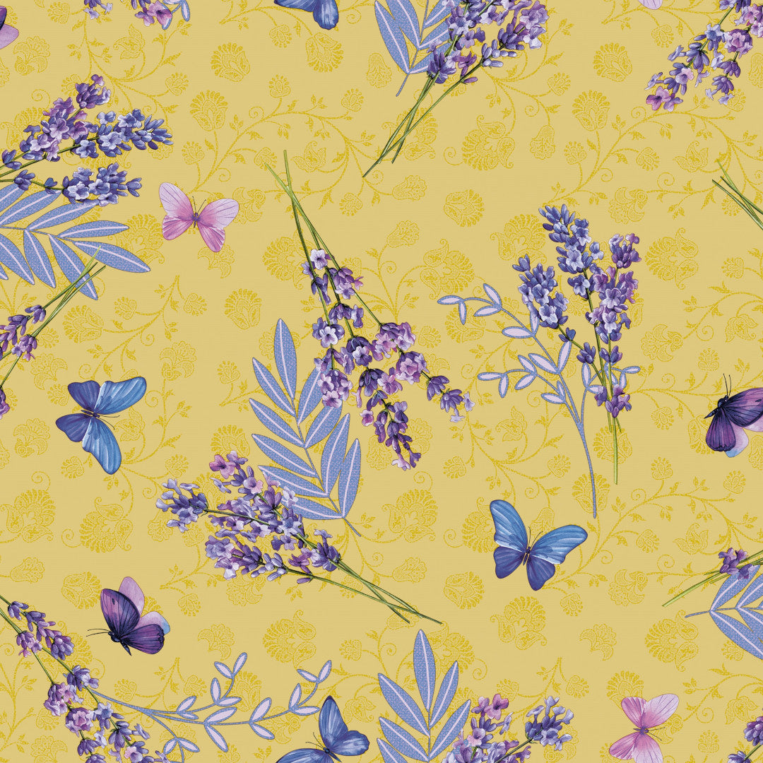 Lavender Soleil – Farverig voksdug med lavendel og sommerfugle
