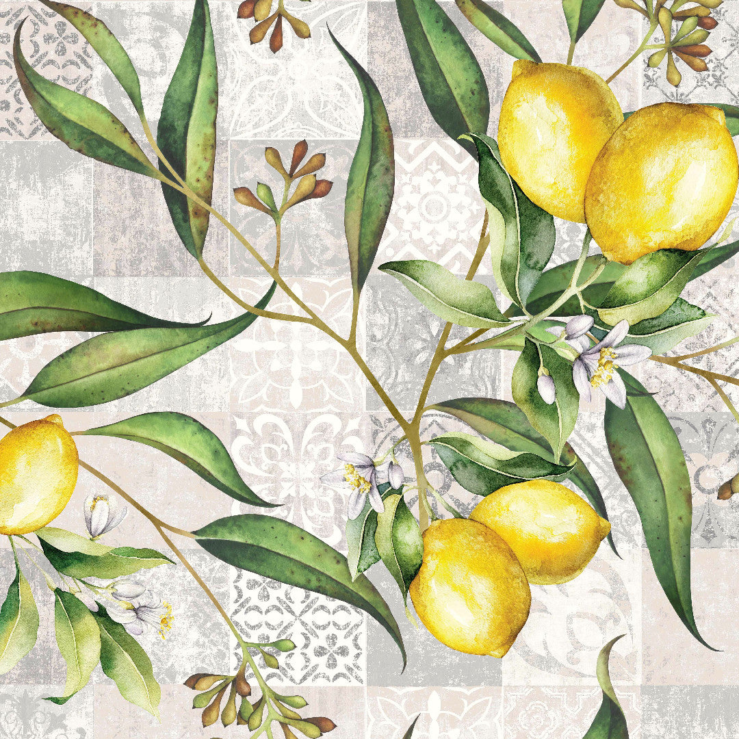 Limonero – Akryldug med citroner og patchworkmønster, nærbillede