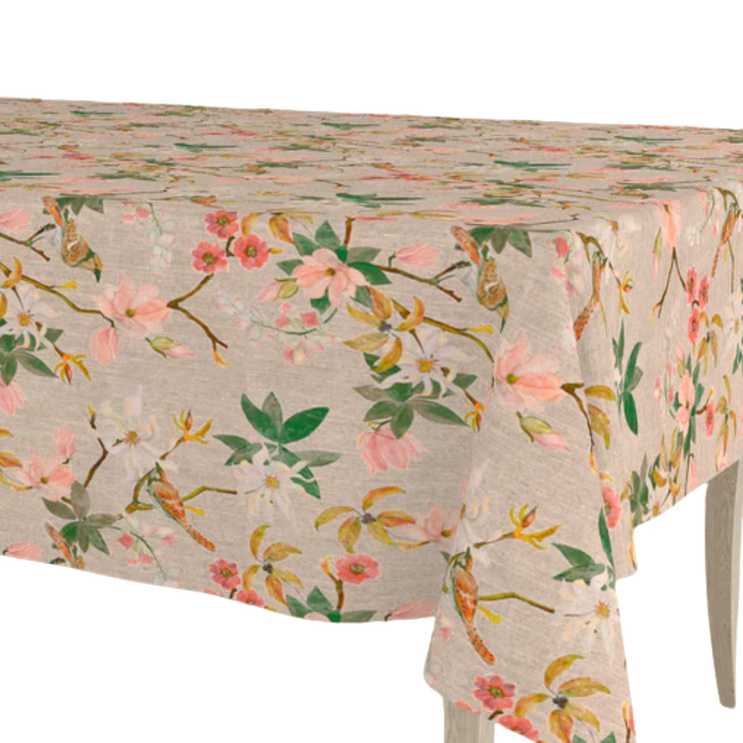 Forårsgren – Akryldug i hørlook med blomster og fugle, 160 cm bred, hjørne