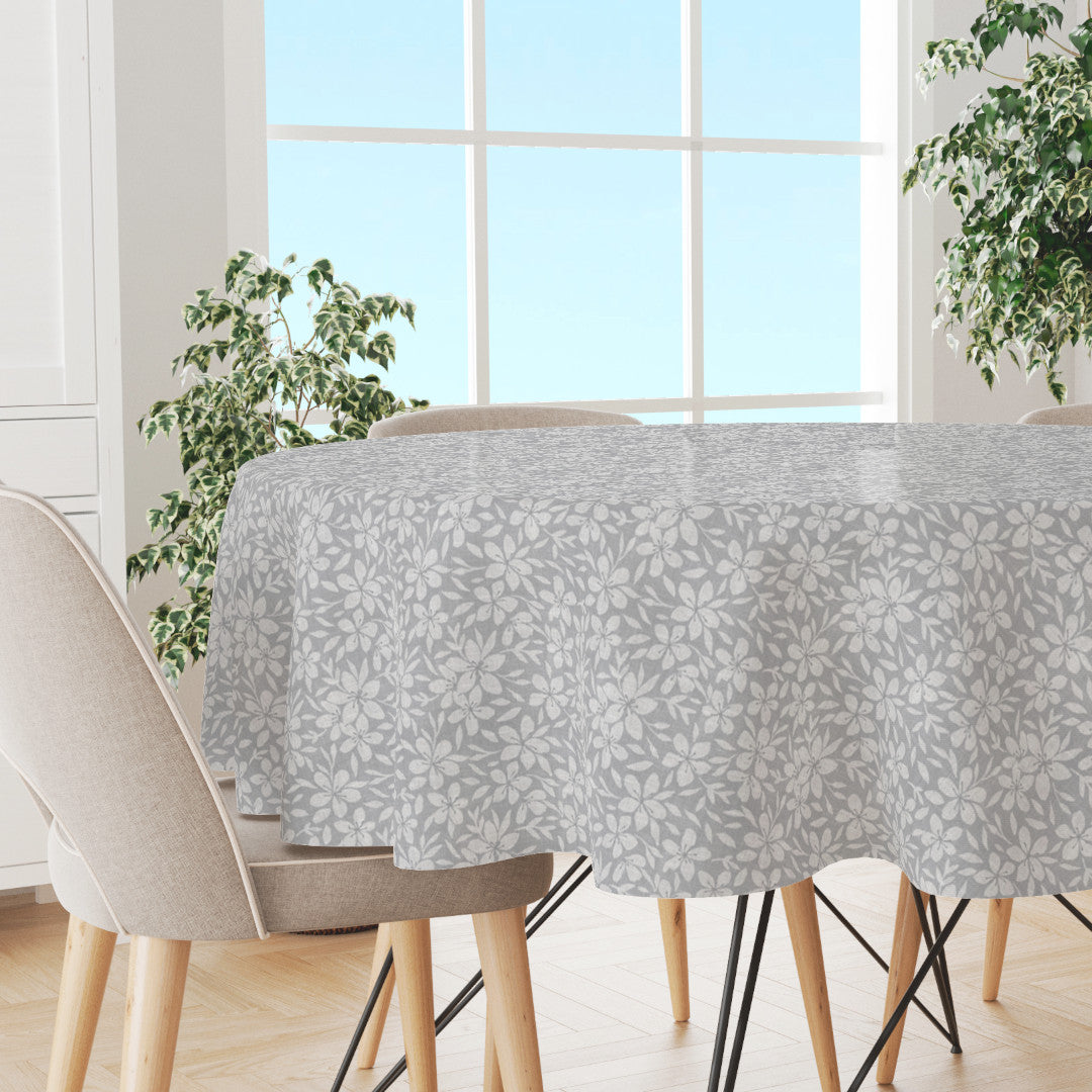 Linen Leaf Grå – Rund let præget voksdug med bladmønster