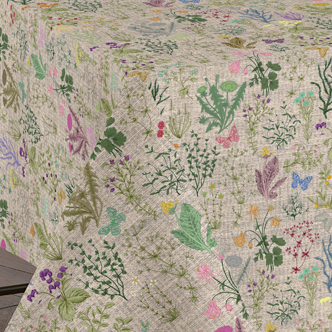 Lino Meadow – Akryldug i hørlook med blomster og natur, 160 cm, hjørne