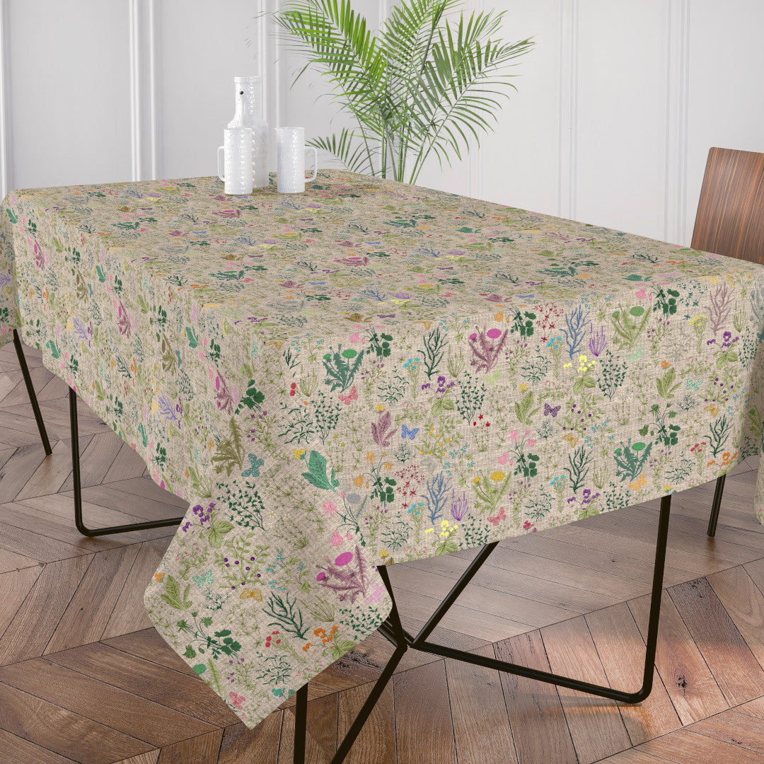 Lino Meadow – Akryldug i hørlook med blomster og natur, 160 cm, miljø