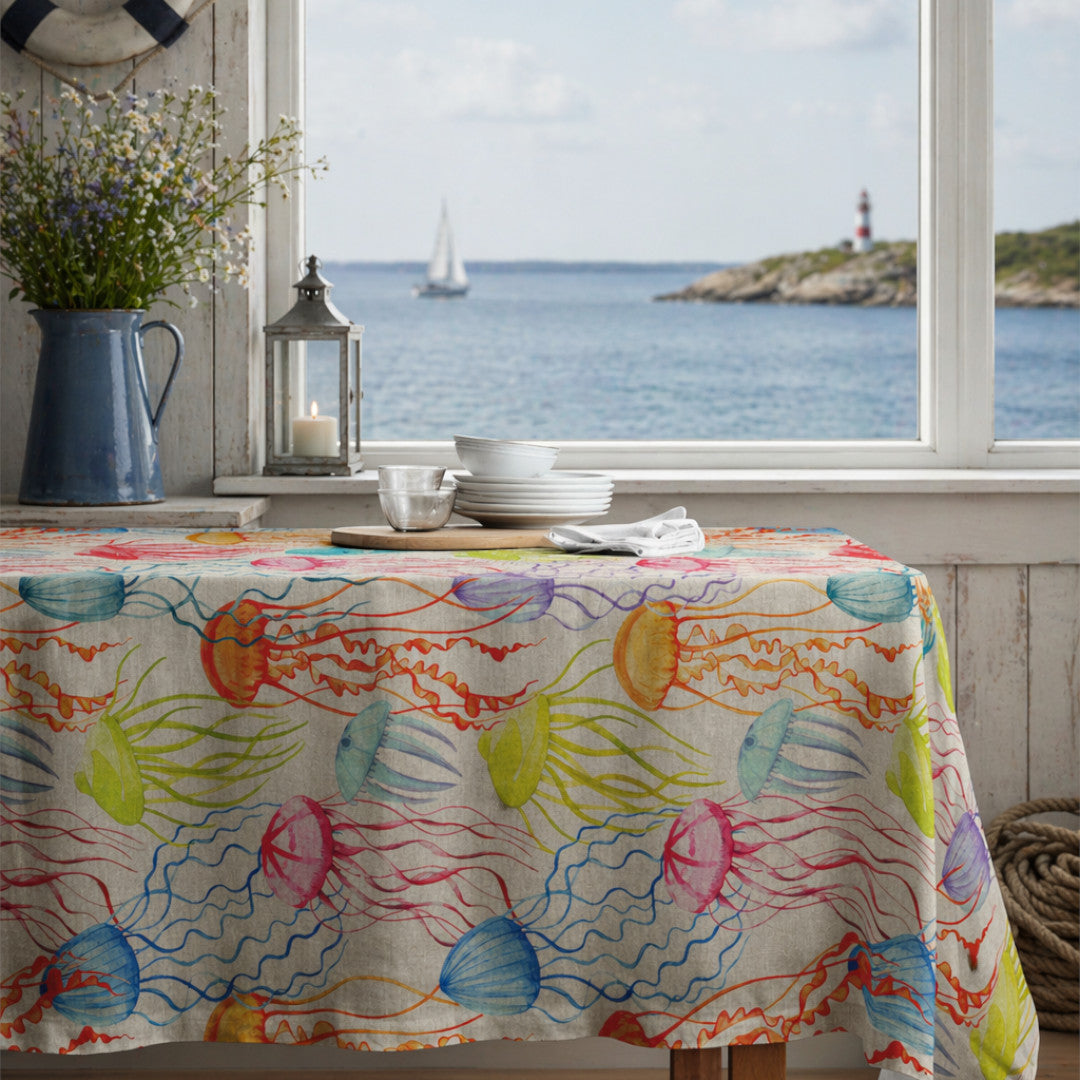 Lino Medusa – Akryldug med farverige vandmænd i hørlook, 160 cm, miljø
